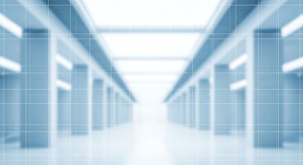 Blurred blue and white interior hallway with grid overlay corridor