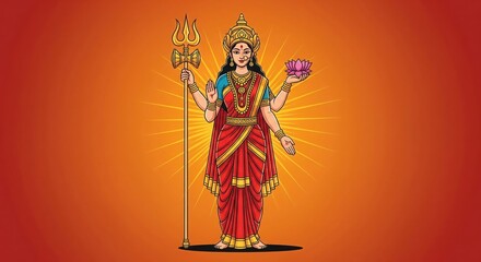 Fototapeta premium Bold Maa Durga Idol Vector – Trishul, Lotus, Deep Orange Background, Clean Line Navratri Illustration