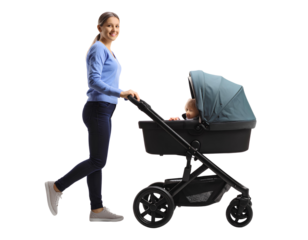 A woman pushing a stroller with a child seated inside, walking on a sunny day isolated on transparent background.