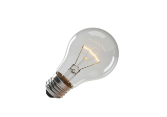 A single, modern, clear glass light bulb with softly glowing filament, subtly levitating on transparent, soft studio light, warm halo. Concept of innovation and new ideas