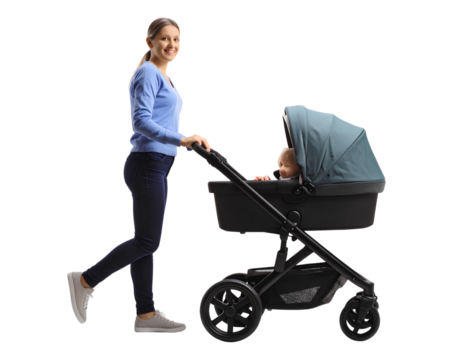 A woman pushing a stroller with a child seated inside, walking on a sunny day isolated on transparent background.