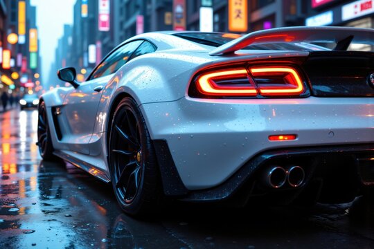 White Sports Car on Rainy City Street at Night