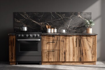 Dark, modern kitchen with wood cabinets and black appliances