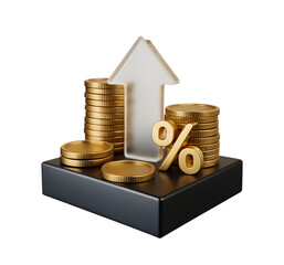 3D Render of Stacks of Gold Coins on Metallic Pedestal with Translucent Upward Arrow and Percentage Symbol Isolated on White Background, Realistic Financial Growth Concept
