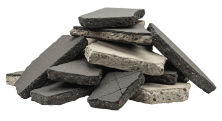 Close-up medium shot of meticulously arranged deconstructed dark gray asphalt and concrete chunks with rough textures, on bright white studio background, high-key lighting, concept of sustainable