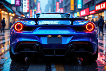 Blue Sports Car on Rainy City Street at Night