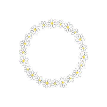 Round flower frame, daisy chain, isolated on a white background with space for text, vector. A beautiful botanical element for decoration, design, postcard, greeting card, banner, hand-drawn