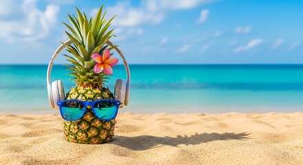Pineapple wearing sunglasses and headphones on a tropical beach