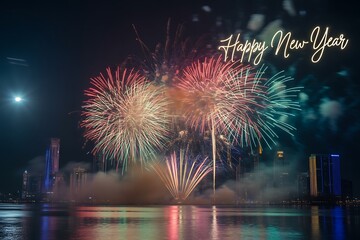 Spectacular Happy New Year Fireworks Display over City Skyline Reflecting on Water, Perfect for Holiday Greetings and Festive Celebrations under Dark Sky