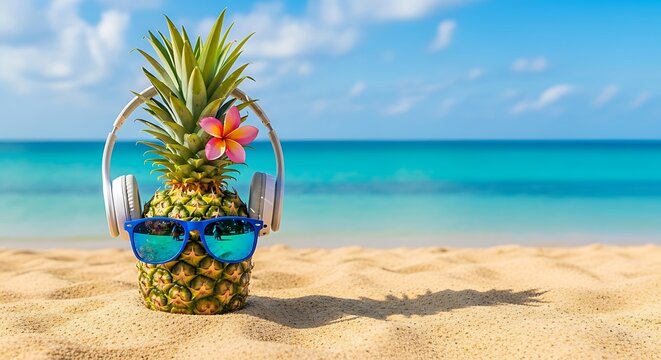 Pineapple wearing sunglasses and headphones on a tropical beach