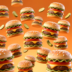 Delicious Floating Cartoon Burgers with Pickles