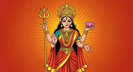 Obraz premium Bold Maa Durga Idol Vector – Trishul, Lotus, Deep Orange Background, Clean Line Navratri Illustration