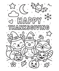 Fototapeta premium Smiling animals celebrate happy thanksgiving with pumpkins, moon, and stars in black and white