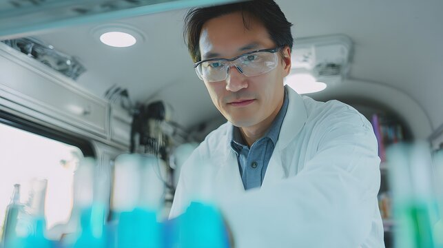 A male scientist East Asian features wearing a lab coat and safety goggles Analyzing water samples in a mobile ocean lab. Minimalist interior with glass vials, digital instruments, and soft lighting 