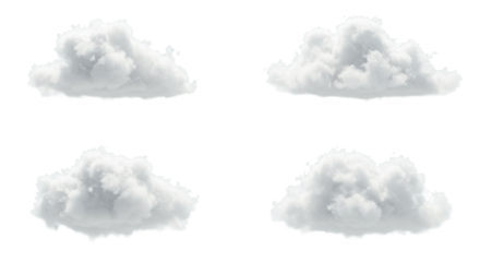 Four pristine, fluffy white clouds subtly varied, against luminous ultra-light grey minimalist sky, high-key studio, deep DOF, concept of clarity and future vision