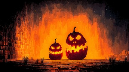 Haunted halloween pumpkins glow in spooky mystery night eerie atmosphere trick or treat concept
