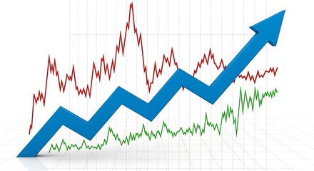 Blue arrow graph showing upward trend and stock market data