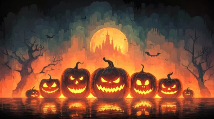 Spooky haunted pumpkin gathering halloween night graphic artwork eerie landscape frontal view ghostly mystery unveiled