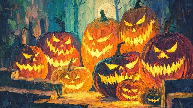 Spooky halloween mystery haunted carved pumpkins gathering in a moonlit forest adventure