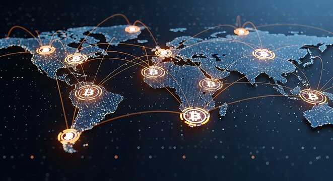Global network of digital currency connections across world map