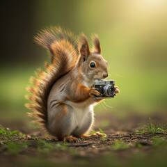 Obraz premium Adorable squirrel standing on a log while holding a tiny vintage camera in its paws, captured in a warm forest setting