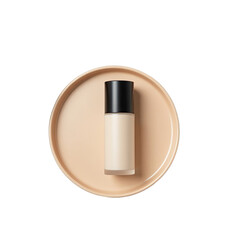 Beige cosmetic bottle on a round plate.