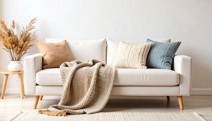 ソファーと手編みのニットのブランケット