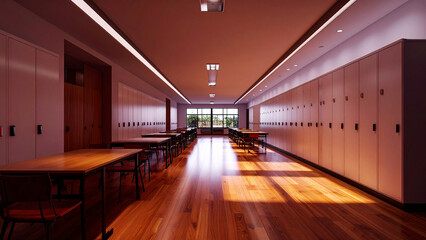 A clean and minimalist school corridor with rows of student lockers and wooden tables under warm, bright afternoon sunlight.