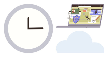 Laptop with cybersecurity interface, shield, key, and messages. Clock and cloud represent time, data storage, innovation. Ideal for privacy, security time management cloud computing technology