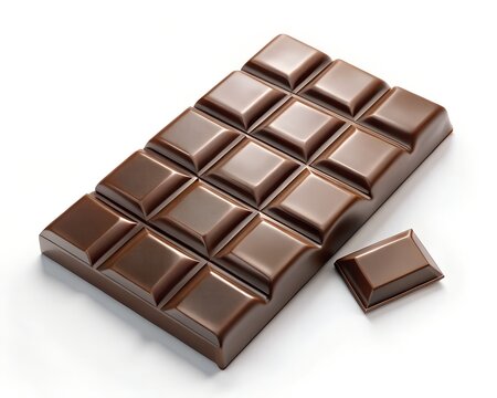 A milk chocolate bar with squares, isolated on a white background, with one square piece broken off
