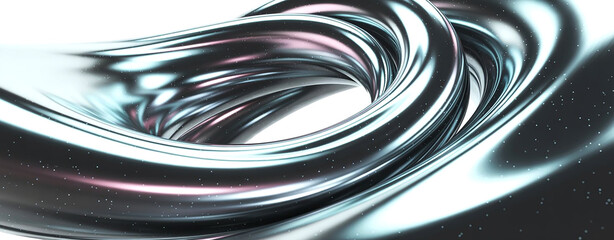 Abstract 3D render of a swirling liquid metal vortex on a white background.