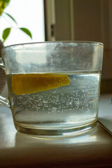 Glass of water with a lemon slice in it. The water is clear and the lemon slice is floating on top