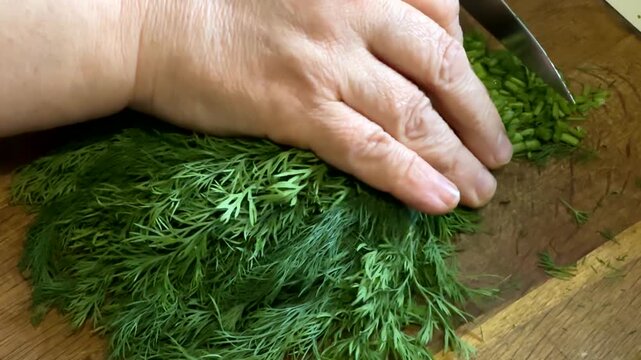 Chopping of fresh dill bundle on cutting board, slow motion