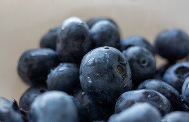 Bowl of blueberries is shown in a close up. The blueberries are fresh and plump, and they are arranged in a way that makes them look like they are ready to be eaten. The bowl is white