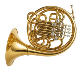 Shiny brass French horn with intricate tubing and valves.