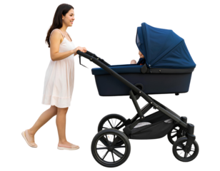 A woman pushing a stroller with a child seated inside, walking on a sunny day isolated on transparent background.