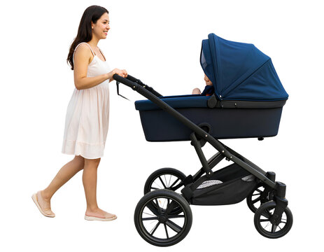A woman pushing a stroller with a child seated inside, walking on a sunny day isolated on transparent background. - Powered by Adobe