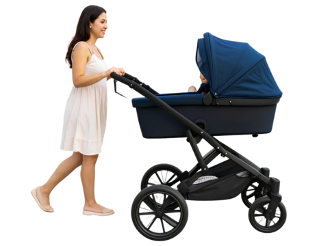A woman pushing a stroller with a child seated inside, walking on a sunny day isolated on transparent background.