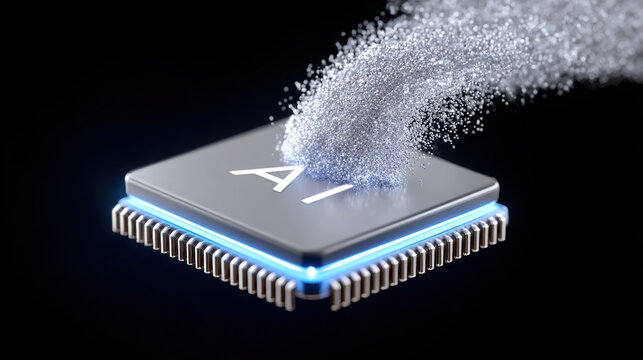 AI microchip digital particles cyber attack malicious code injection high fidelity futuristic technology security breach