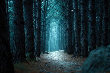 Naklejka premium Dark moody forest path with tall dense trees and soft ethereal light at the end of a leafstrewn trail