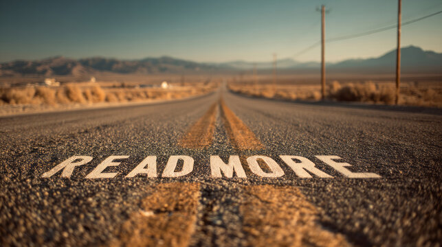 A desert road stretches into the horizon with the words "READ MORE" painted on the asphalt, symbolizing a journey toward knowledge and personal growth