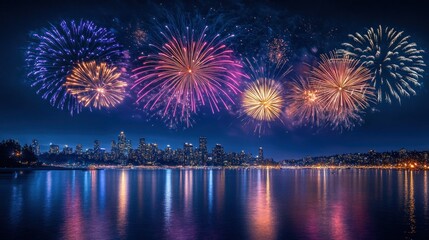 Fireworks over city skyline reflected in water