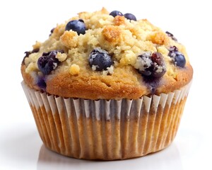 A freshly baked blueberry muffin with a crumb topping isolated on white background