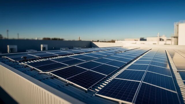 Energyefficient solar array on a factory roof under clear blue sky.
