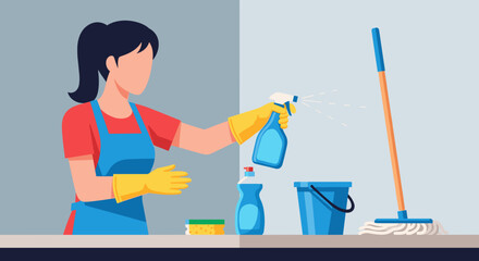 Fototapeta premium Woman in apron and yellow gloves cleaning with spray bottle next to cleaning supplies and mop on light background