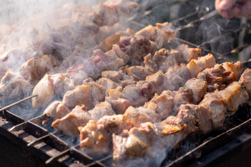 Traditional georgian mtsvadi, grill on the coals with smoke. Food