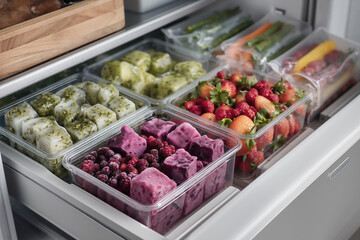 Freezer drawer with containers of frozen berries, fruit cubes, and veggie prep
