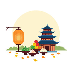 Traditional asian autumn festival celebration with pagoda lantern and offerings of food in warm sunlight