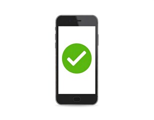 A modern mobile phone displays a green check mark.
