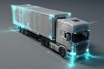 Futuristic delivery truck concept for sustainable global logistics, envisioning modern transportation solutions and freight technology with a glowing digital overlay